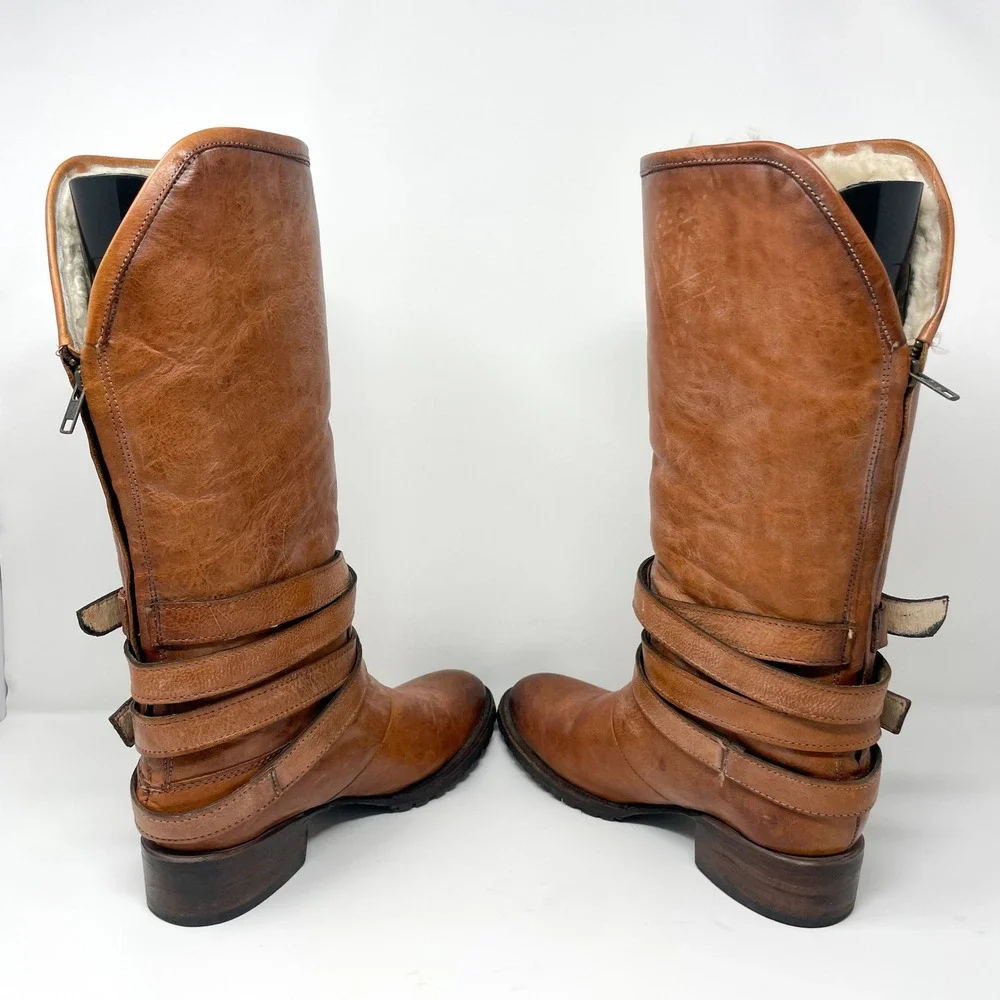 Freebird Steven Dillon Boots Womens 9 Brown Leather Tall Shearling Harness Strap